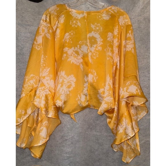 FAVLUX Fashion Yellow Floral Butterfly Sleeve Tie Front Kimono Top Size M‎ - Picture 5 of 9